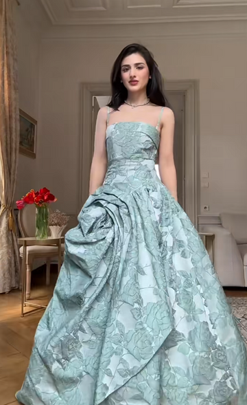Niulatu Spaghetti Strap A-Line Green Long Prom Dresses Jacquard Satin Green Long Formal Dresses HZ1026